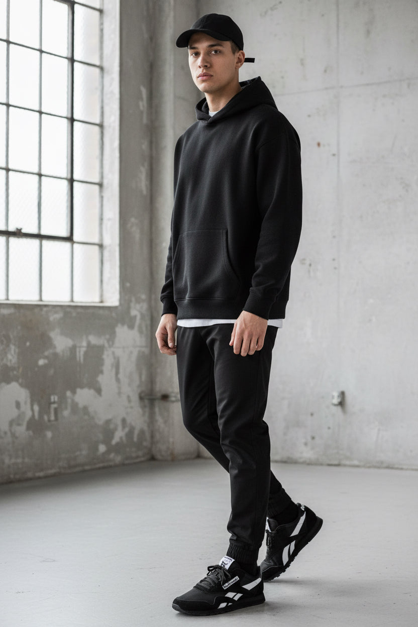 Black sneaker with white accents on a white background