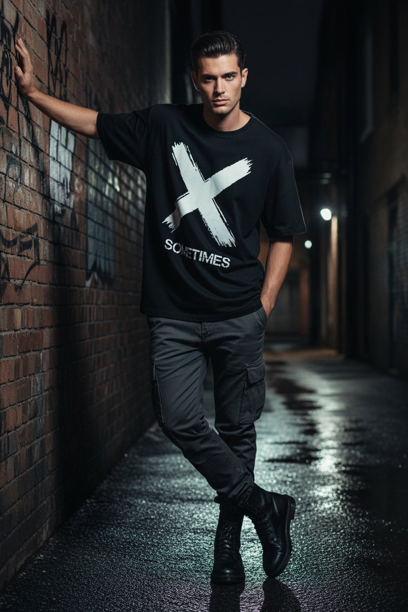 A black short-sleeve crewneck t-shirt with a large white paint-stroke 'X' graphic on the front, accompanied by small text and a white banner reading 'SOMETIMES'. The shirt is laid flat on a textured gray background.