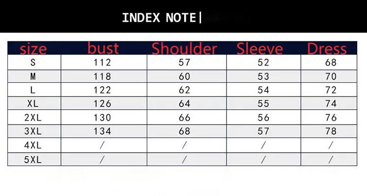 A size chart table titled 'INDEX NOTE |' showing sizes S through 5XL with measurements for bust, shoulder, sleeve, and dress on a white background with a black header.