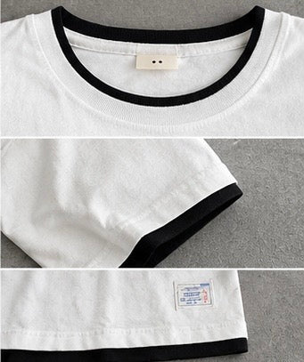 Close-up of a white short-sleeve ringer T-shirt with black trim around the crew neck and sleeve cuffs, shown in a three-panel detail layout.