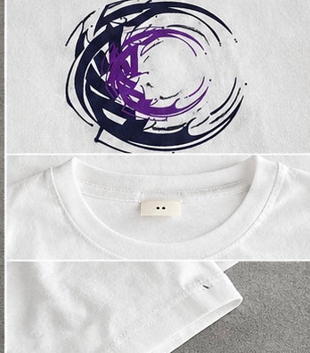 White short-sleeve crewneck t-shirt featuring a graphic print of a purple and black swirling abstract design on the chest.