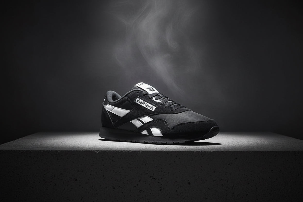 Black sneaker with white accents on a white background